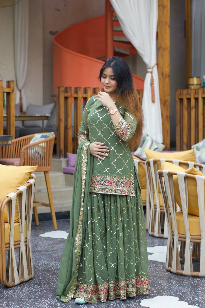 Party Wear Look Top ,Dhoti Skirt and Dupatta sharara dress-5017 – mahir fab