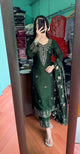 Green party wear outfit made from have pure chinon  fabric with multi colour embroidery work :-G71